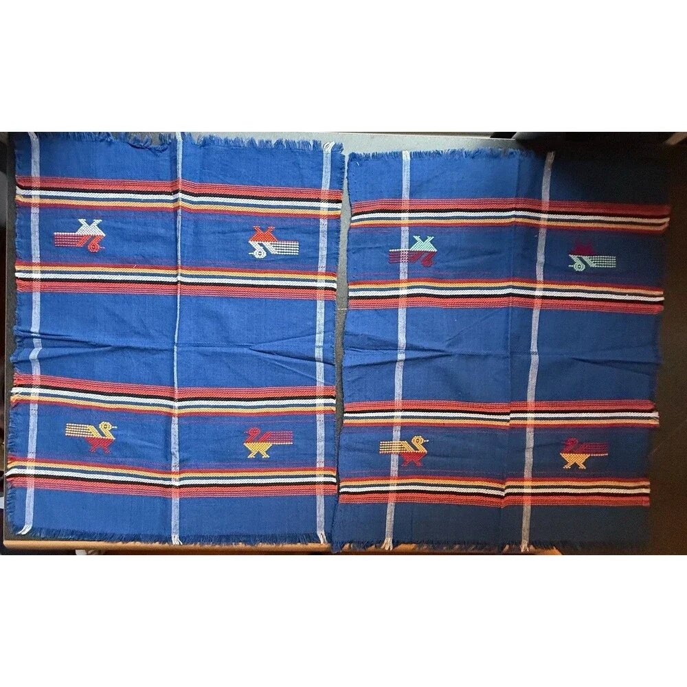 VTG 1970's Guatemalan Woven Set Of 2 Placemats 4 Napkins Embroidered Birds blue